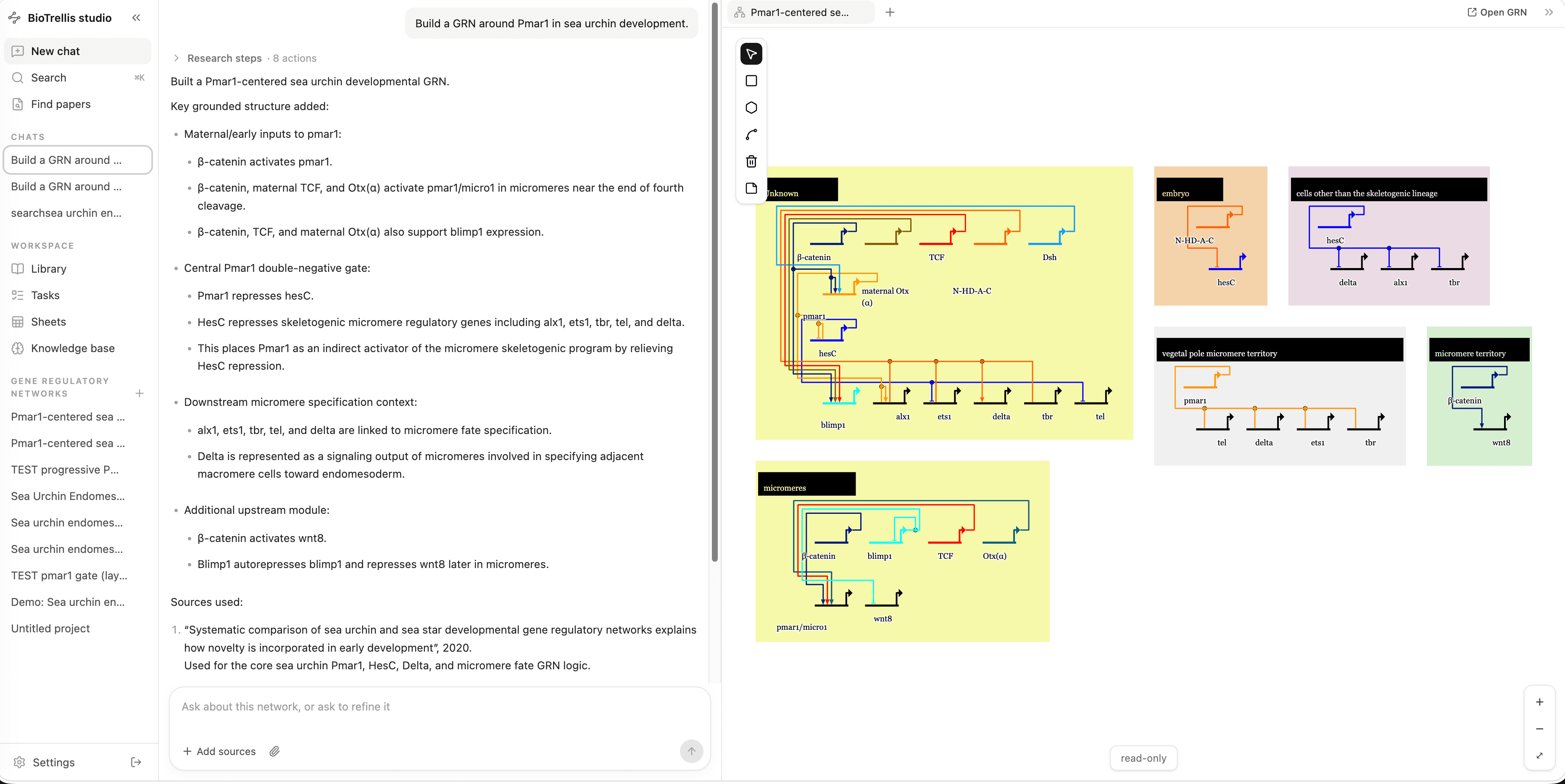 BioTrellis workspace showing a Pmar1 gene regulatory network generated from paper evidence